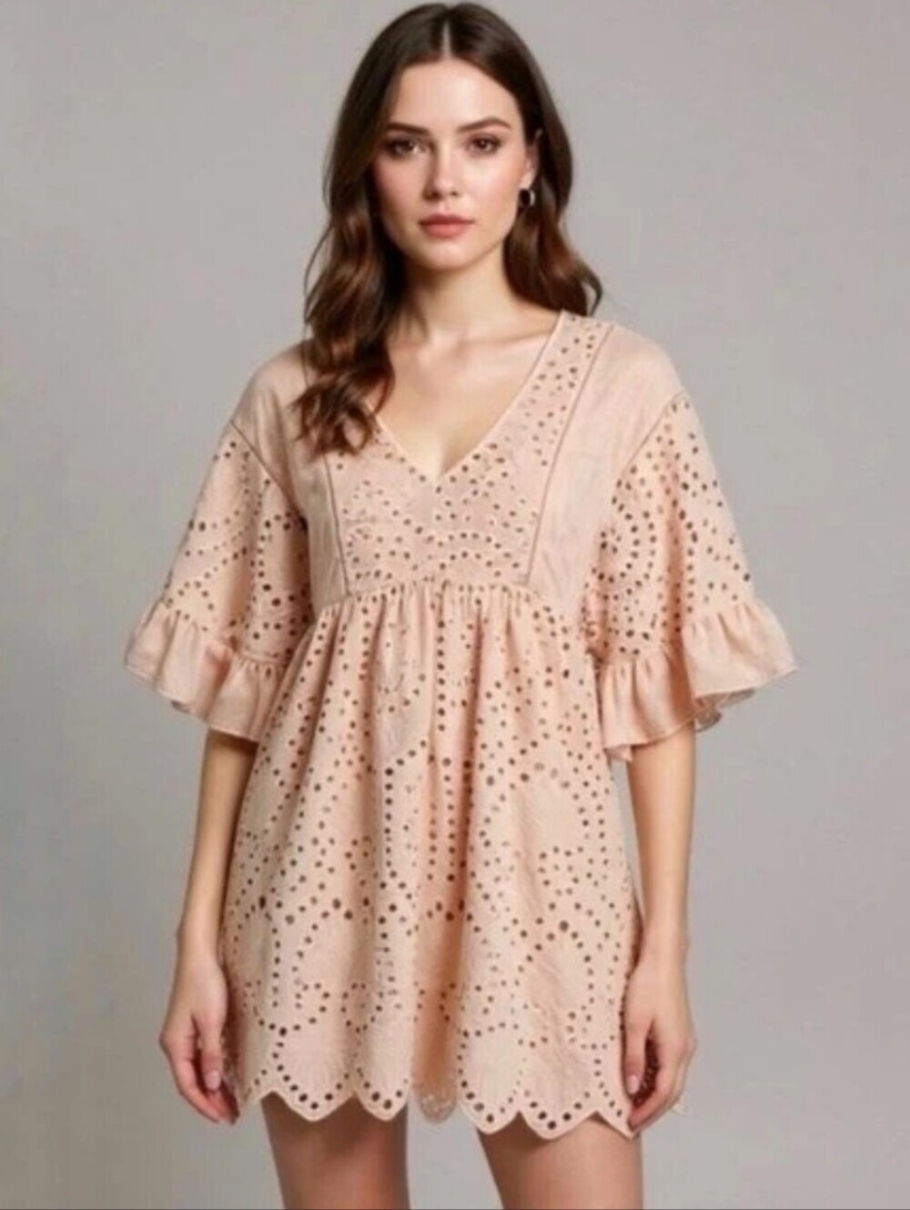 Anthropologie Akemi & Kin Brooke Eyelet Babydoll Mini Dress in Blush Sz2